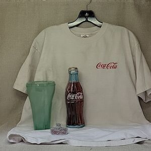 Coca Cola Bundle..shirt, Plastic Glass, Candy Tin, Opener.